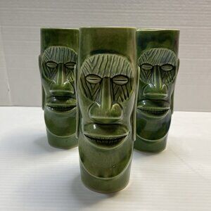 Rare Mt Fuji Inn Omaha NE Tiki Bar 8" Mugs Green Moai Vintage Closed Lounge EUC